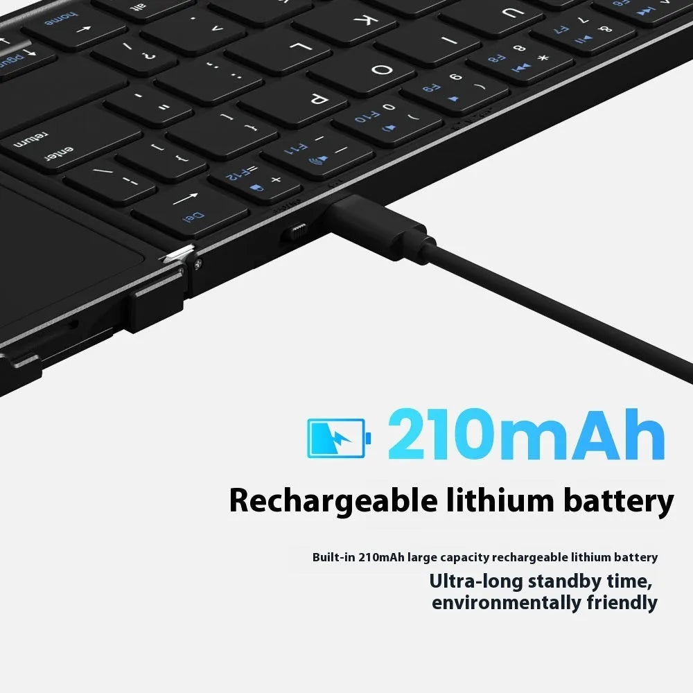 Black folding Bluetooth keyboard with touchpad unfolded showing full keyboard and touchpad surface