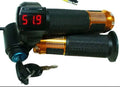 Electric vehicle handlebar throttle grip in blue red silver yellow colours with 5-core wiring visible