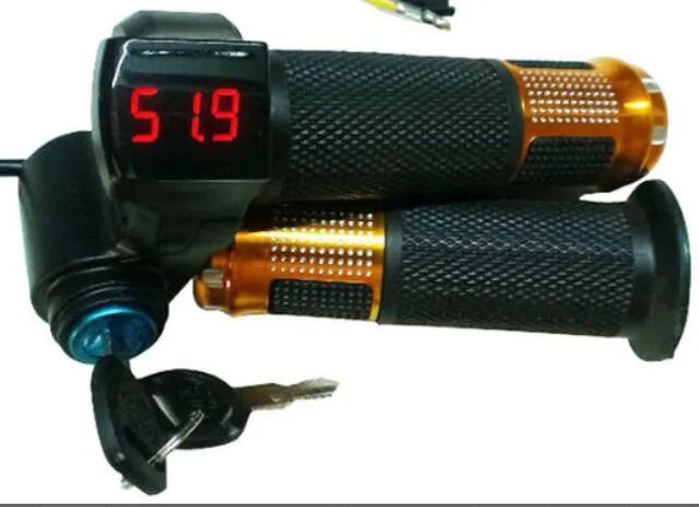 Electric vehicle handlebar throttle grip in blue red silver yellow colours with 5-core wiring visible
