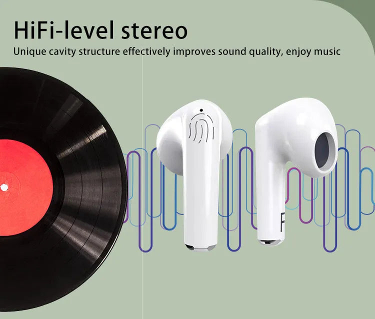 White wireless Bluetooth semi in-ear earphones with a matching charging case on a white background.