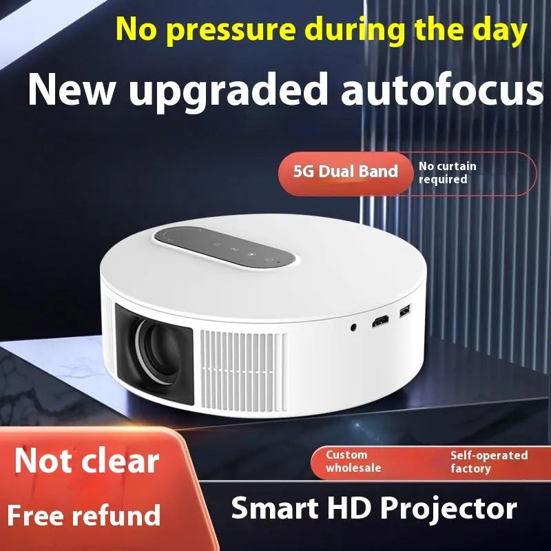 White 720p HD home projector with remote control on wooden surface