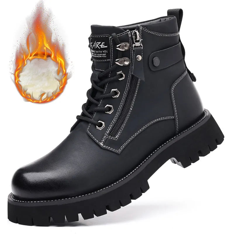 Men's brown thermal Martin boots with side zip and mid-heel design