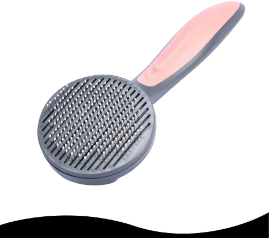 Grey green pink self-cleaning pet grooming brush with one-click button and comfort-grip handle