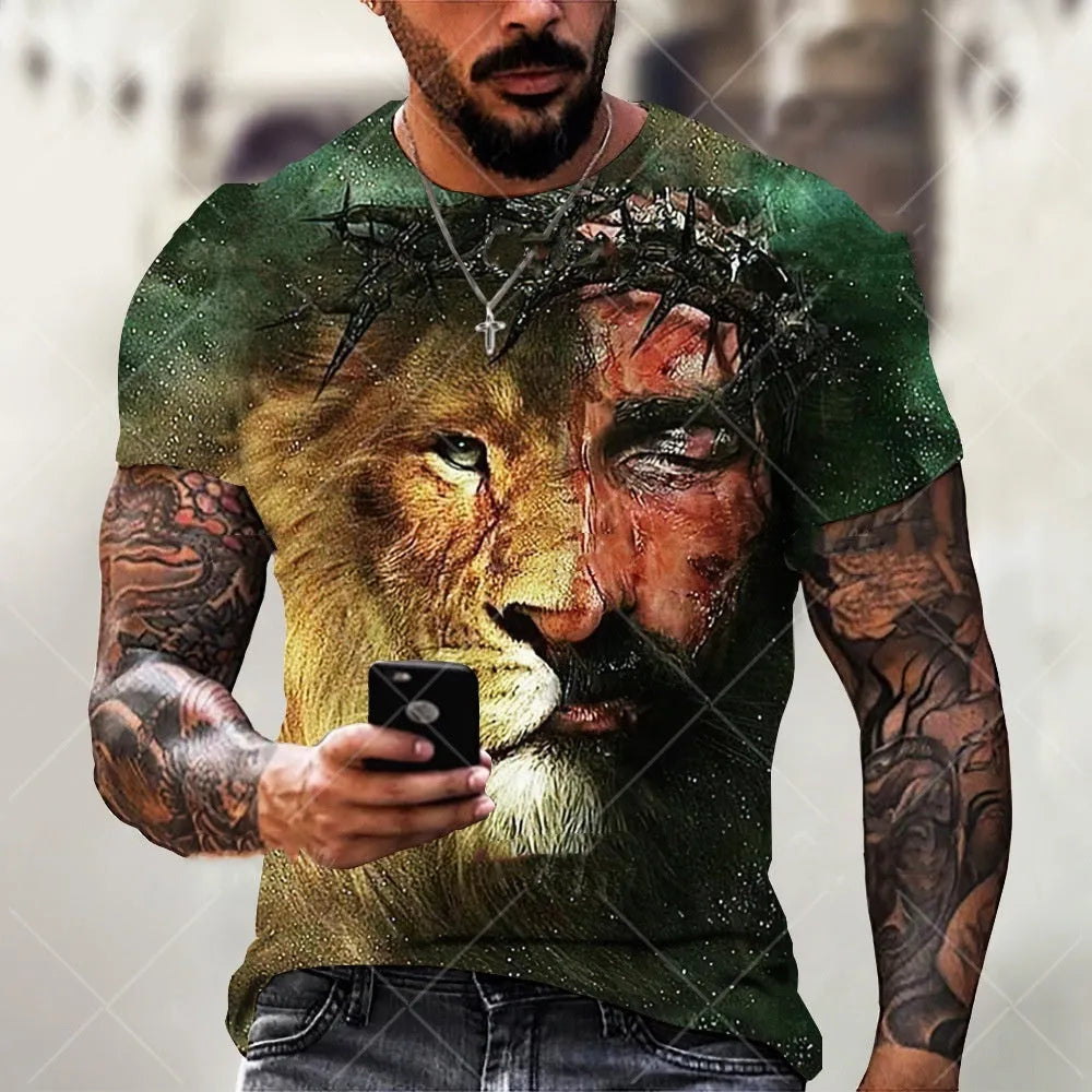 Men's grey T-shirt featuring a 3D printed Jesus design, short sleeves, made from breathable polyester.