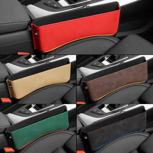 Leather car seat storage box in beige suede colour on a vehicle seat