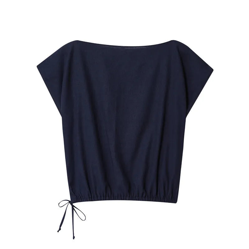 Women's linen-look polyester blend co-ord set with flounced sleeve shirt and wide leg trousers.