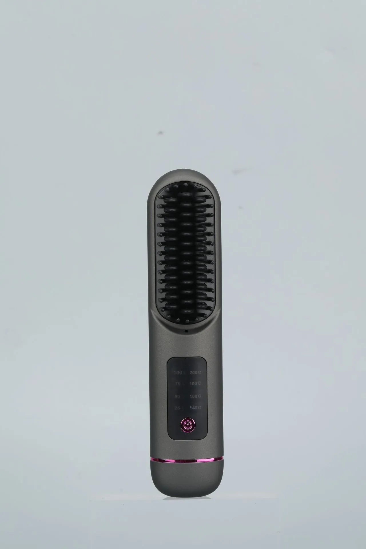 Portable negative ion hair straightening comb in blue, grey, or white, showing handheld size.