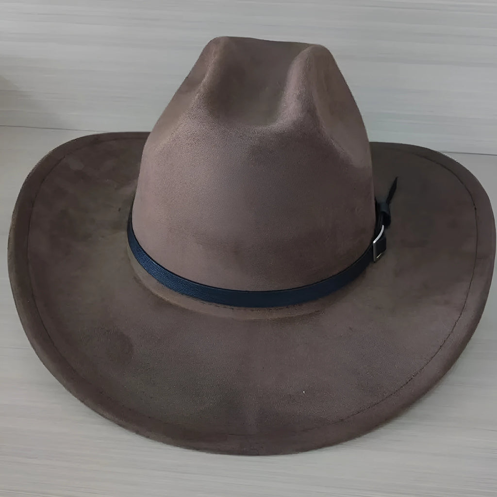 Brown leather velvet curved edge Western cowboy hat with a conical crown.