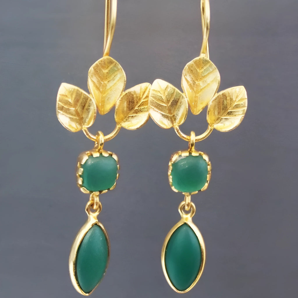 Gold drop earrings with zircon details and copper construction retro style