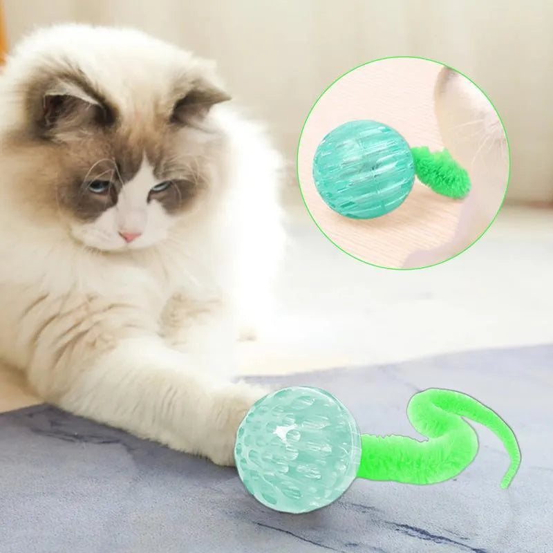 Interactive cat ball toy with worm-like plush tail in green, pink or purple colours