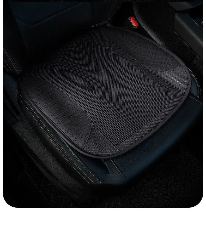 Ventilated car seat cushion with USB connection showing fan vents and suede material in black colour