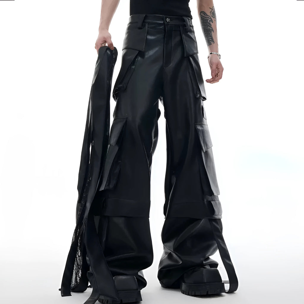 Black loose fit leather-look pants with quilted multi-pocket design showing front and back views