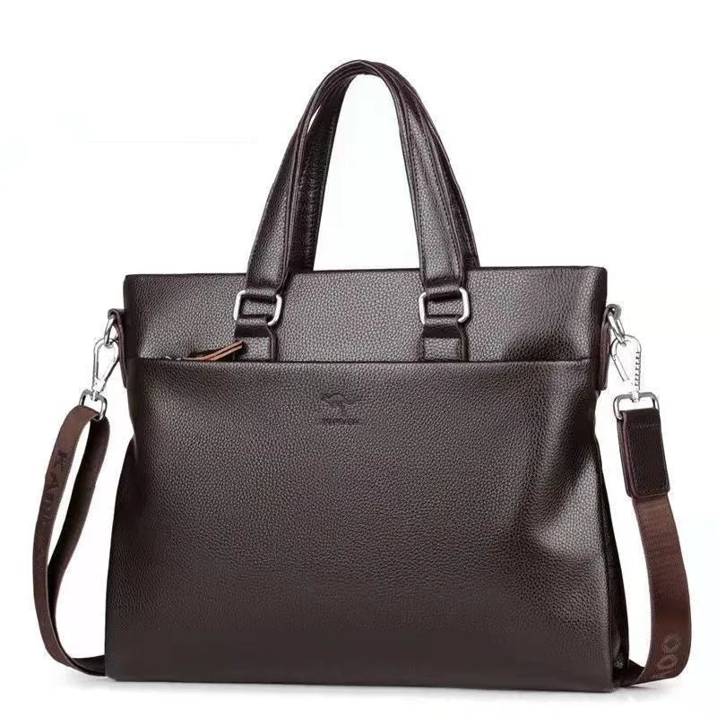 Men's black PU leather messenger bag with crossbody strap showing splicing design detail