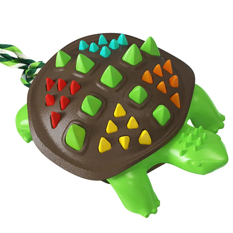Natural rubber mint dog toothbrush chew toy with dinosaur knot tail in two-tone colours.