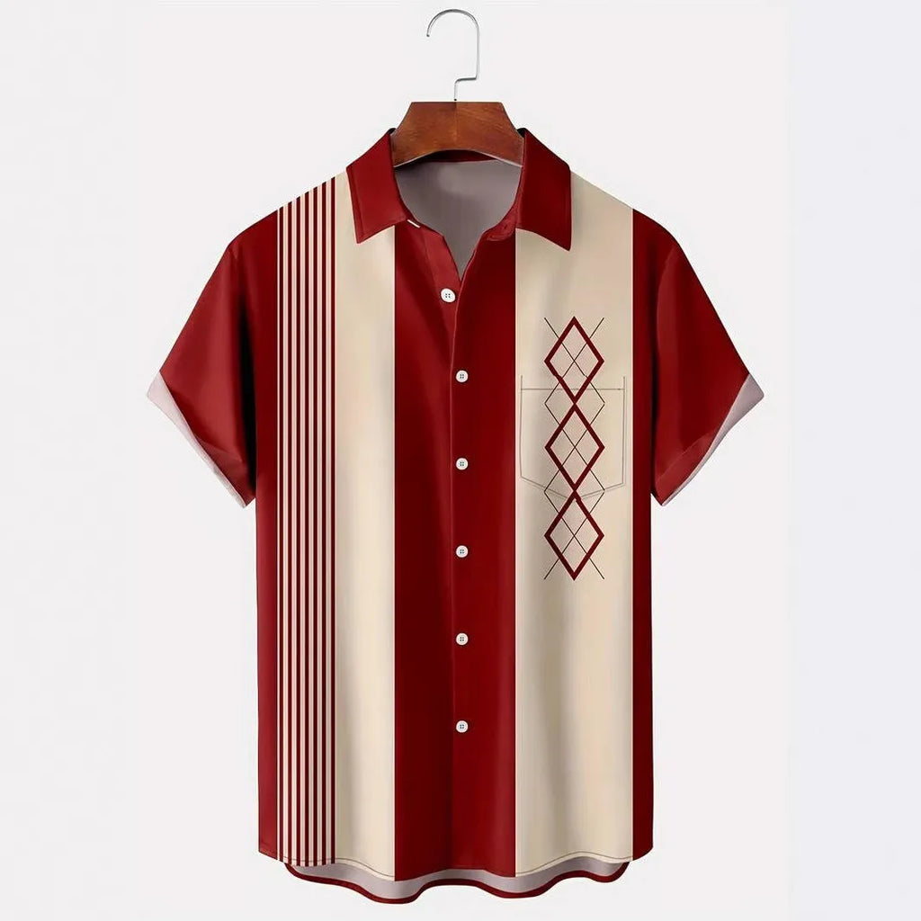 Man wearing a loose-fit contrast plaid short sleeve shirt in cardigan style.