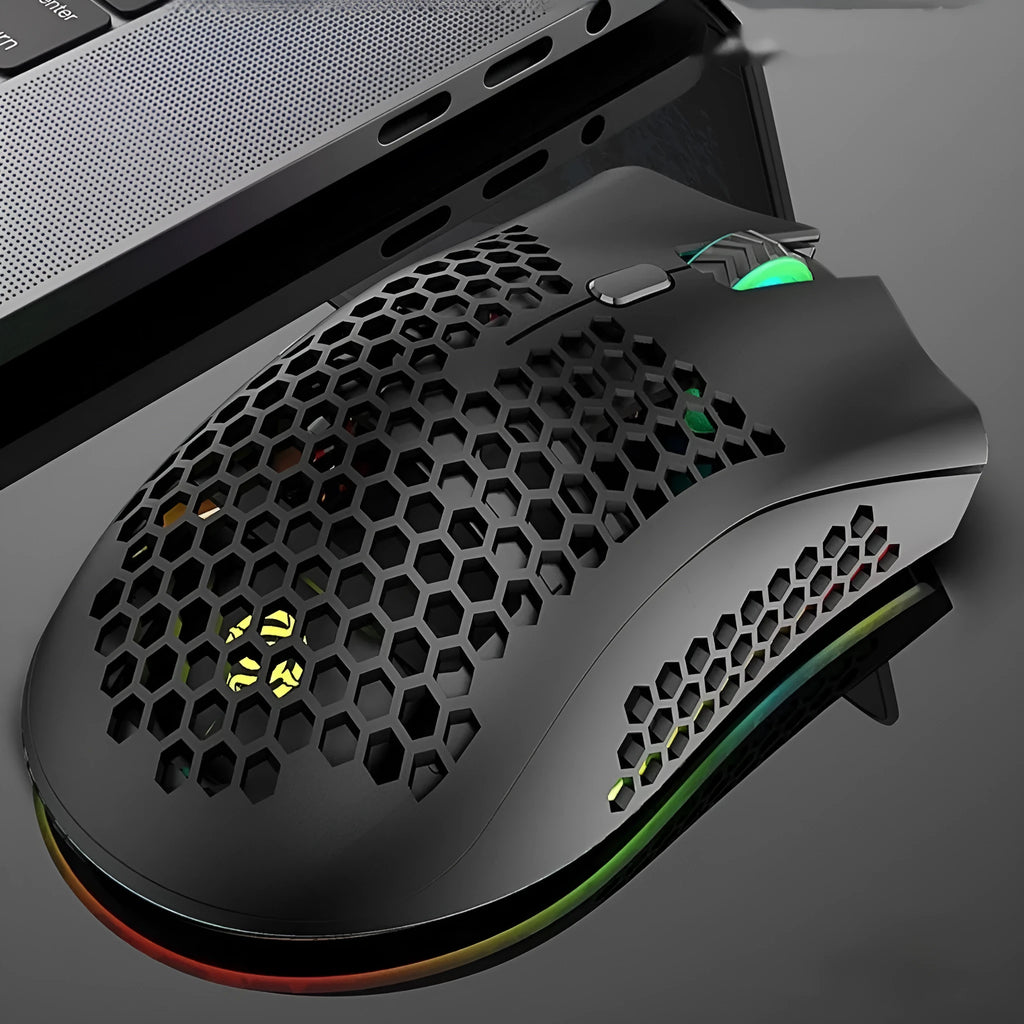BM600 hollow out design wireless gaming mouse with luminous charging in black, cyan, and white colour options.