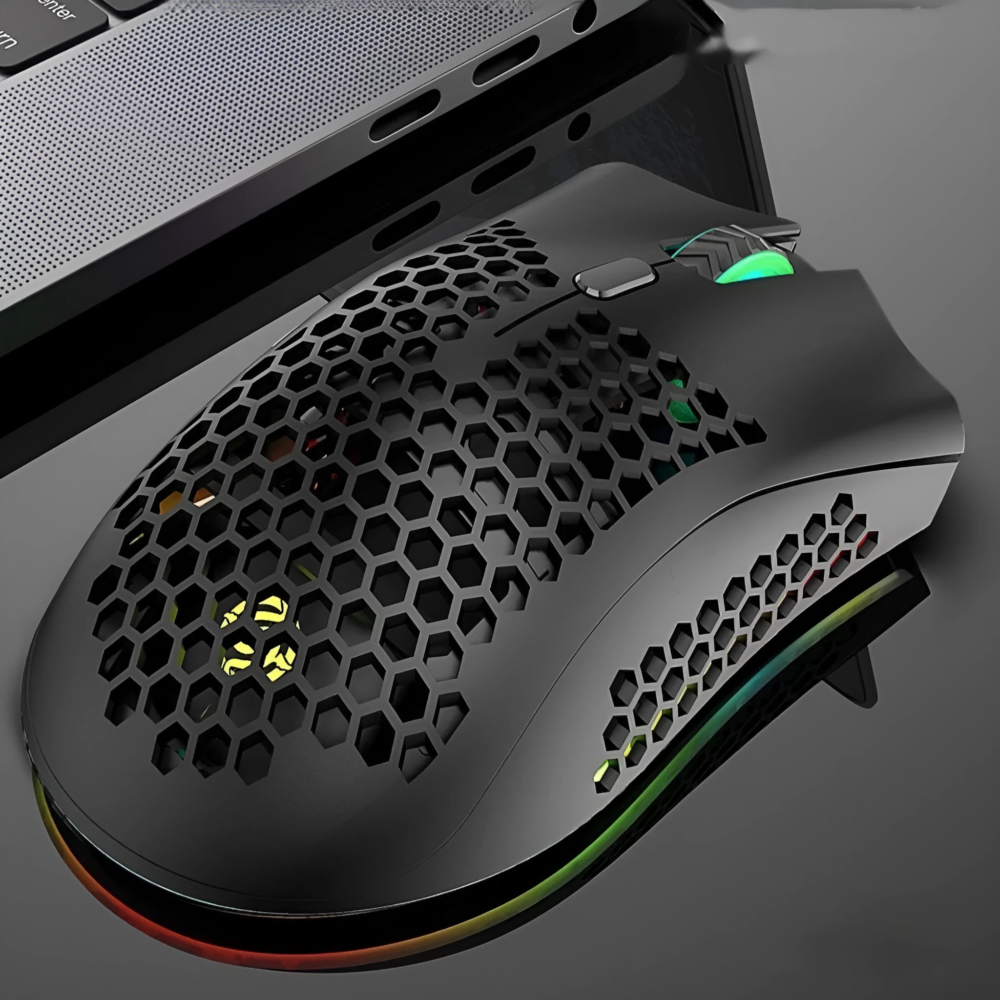 BM600 hollow out design wireless gaming mouse with luminous charging in black, cyan, and white colour options.