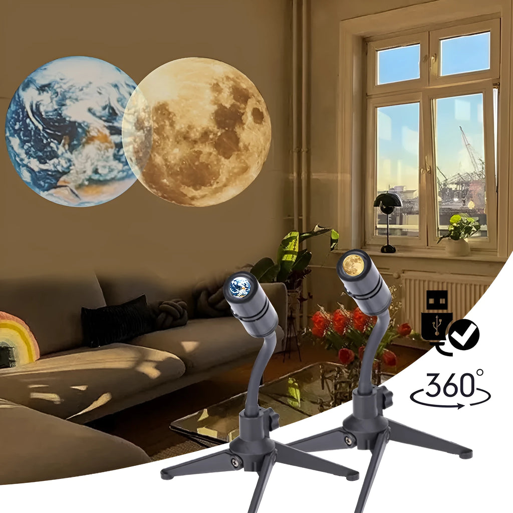 Earth and moon projection lamp with adjustable hose bracket on wooden surface
