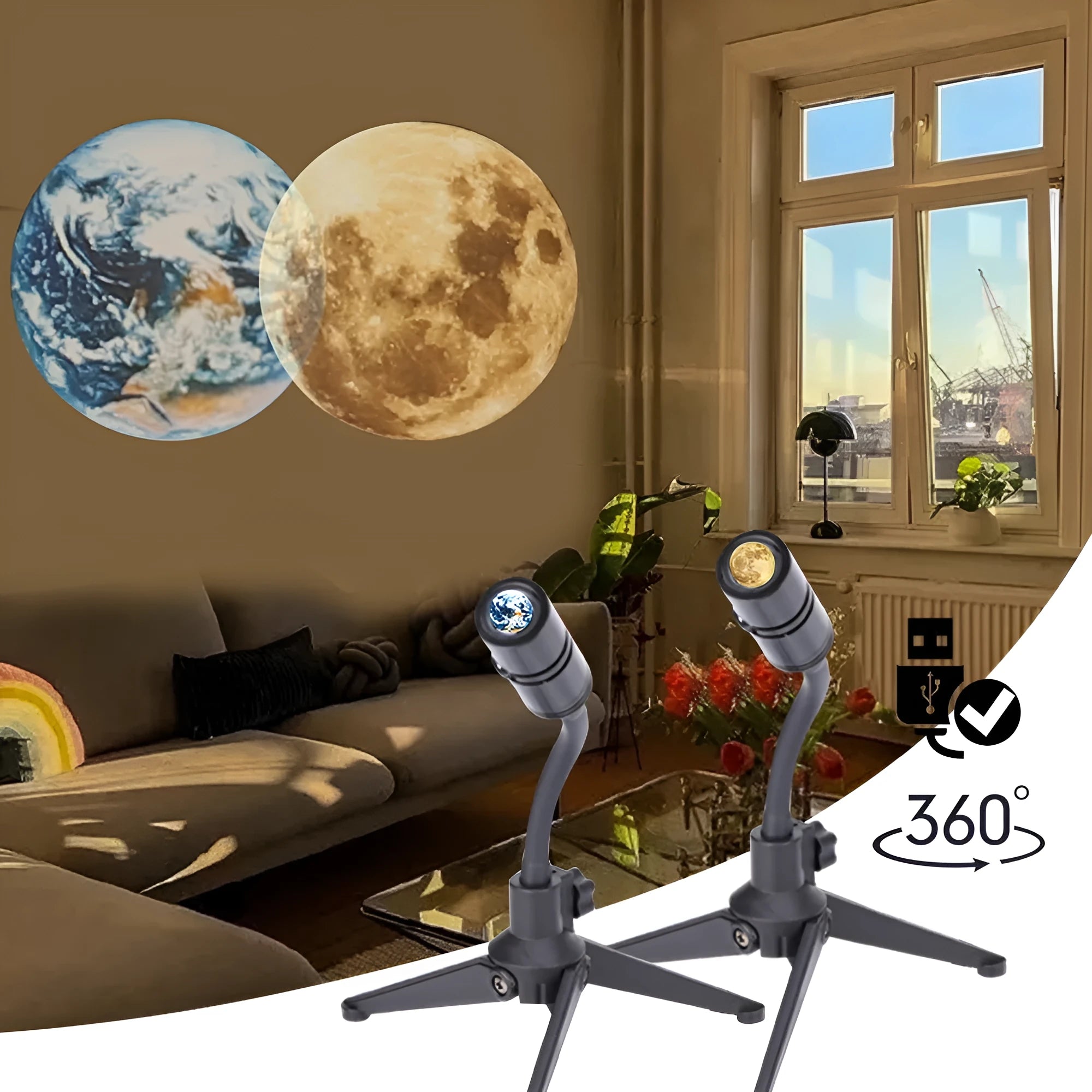 Earth and moon projection lamp with adjustable hose bracket on wooden surface
