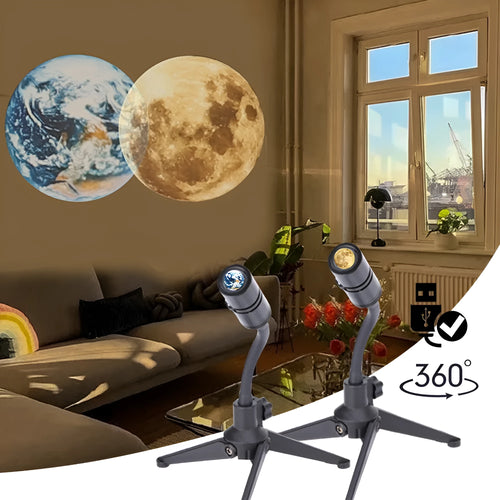 Earth and moon projection lamp with adjustable hose bracket on wooden surface
