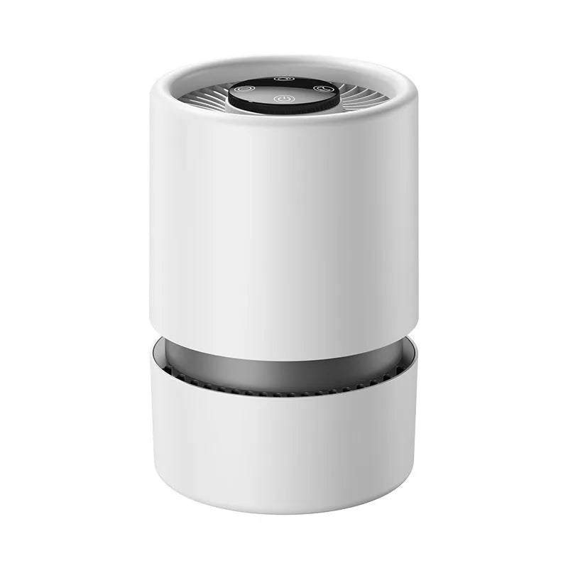 White desktop air purifier model EJ-JHQ101 with USB cable and aromatherapy tablet on a desk.
