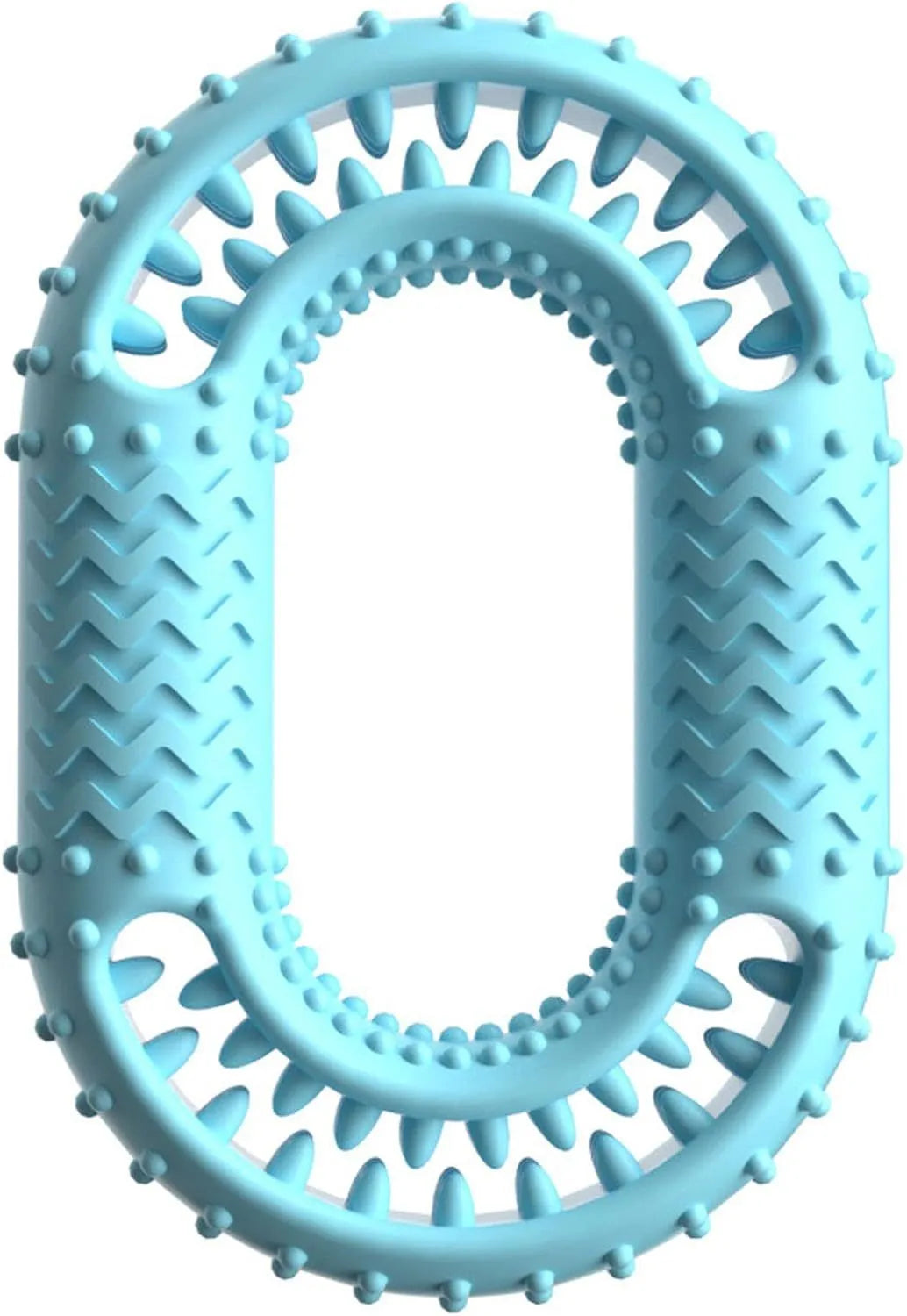 Blue O-ring shaped dog chew toy for aggressive chewers on a plain background.