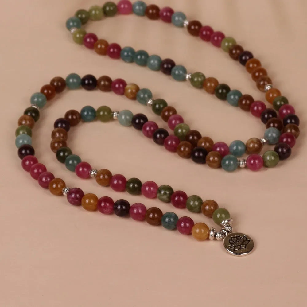 108-bead hanging bracelet in tourmaline colour with alloy beads and multi-layer lotus string design