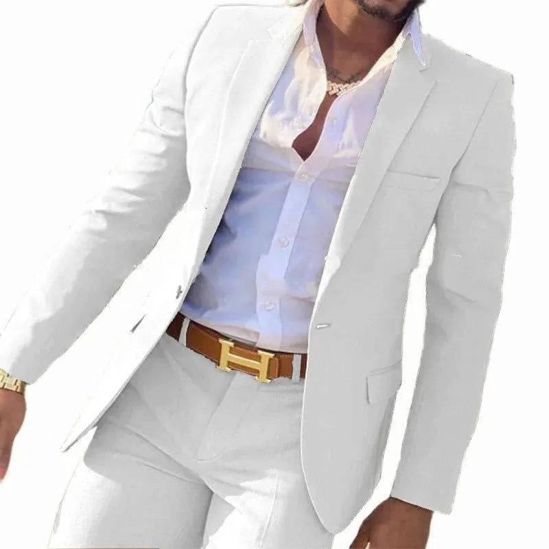Men's cotton suit jacket and trousers set shown in multiple available colours.