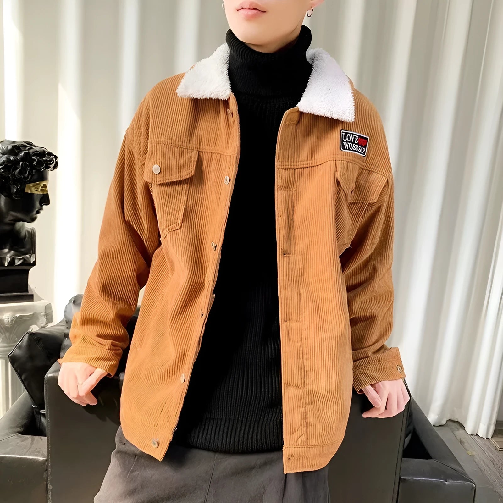 Men's loose fit corduroy workwear jacket in khaki colour with regular sleeves and solid pattern