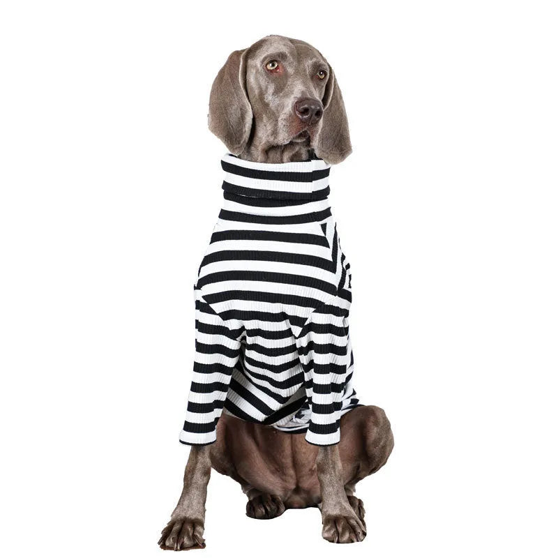 Black and white thin polyester dog clothing for large breeds shown in multiple size options