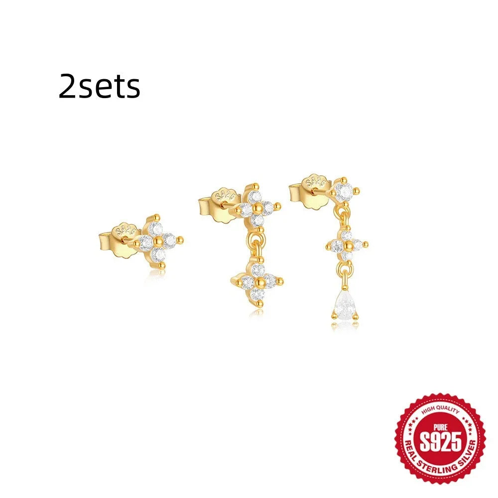 S925 sterling silver geometric earrings with zircon tassels in gold tone colours