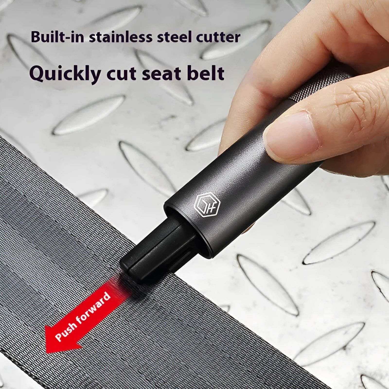 Gun grey aluminium alloy car safety hammer measuring 87mm with seatbelt cutting blade