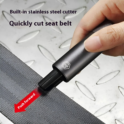 Gun grey aluminium alloy car safety hammer measuring 87mm with seatbelt cutting blade