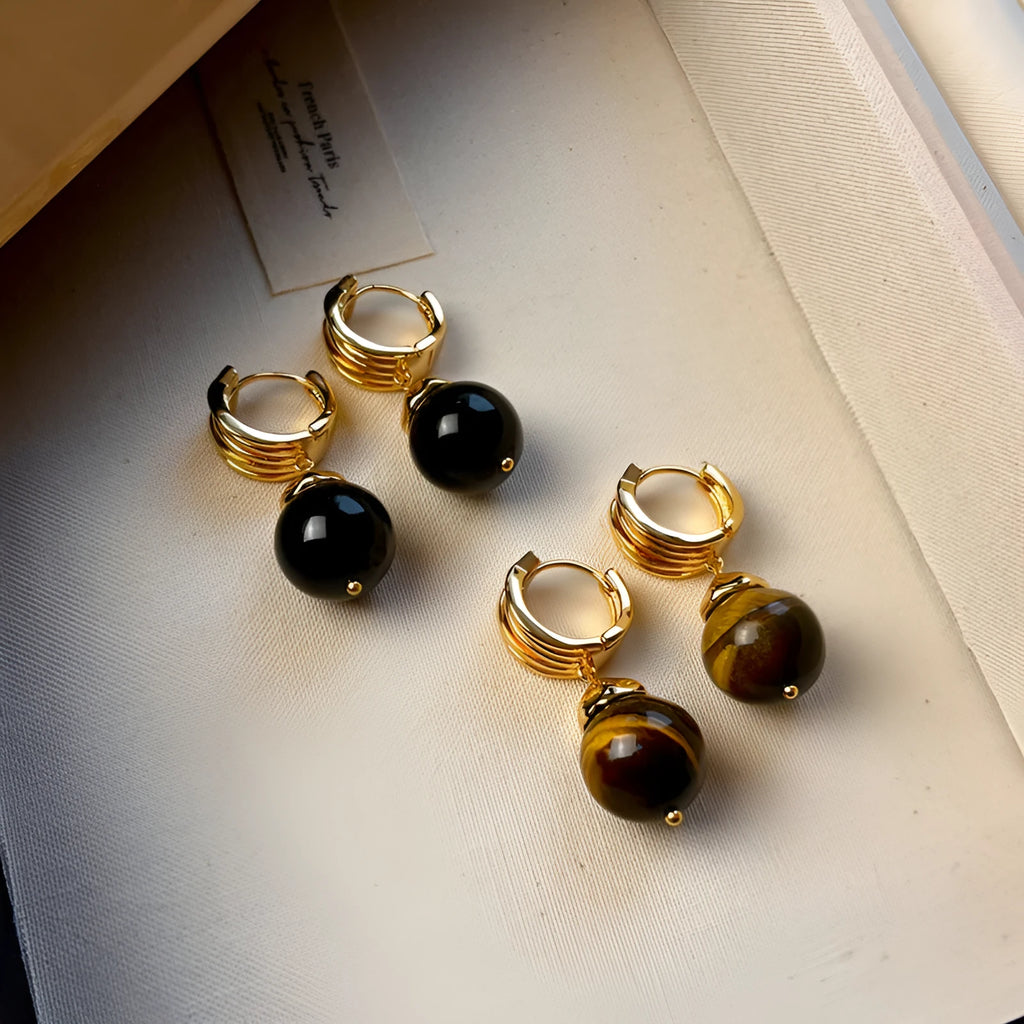 Women's geometric tigereye earrings with gold plating in brown and black colour options