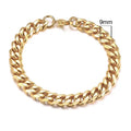 Six-sided geometric link metal bracelet in gold colour on a wrist.