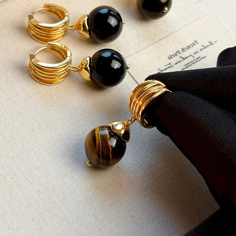 Women's geometric tigereye earrings with gold plating in brown and black colour options