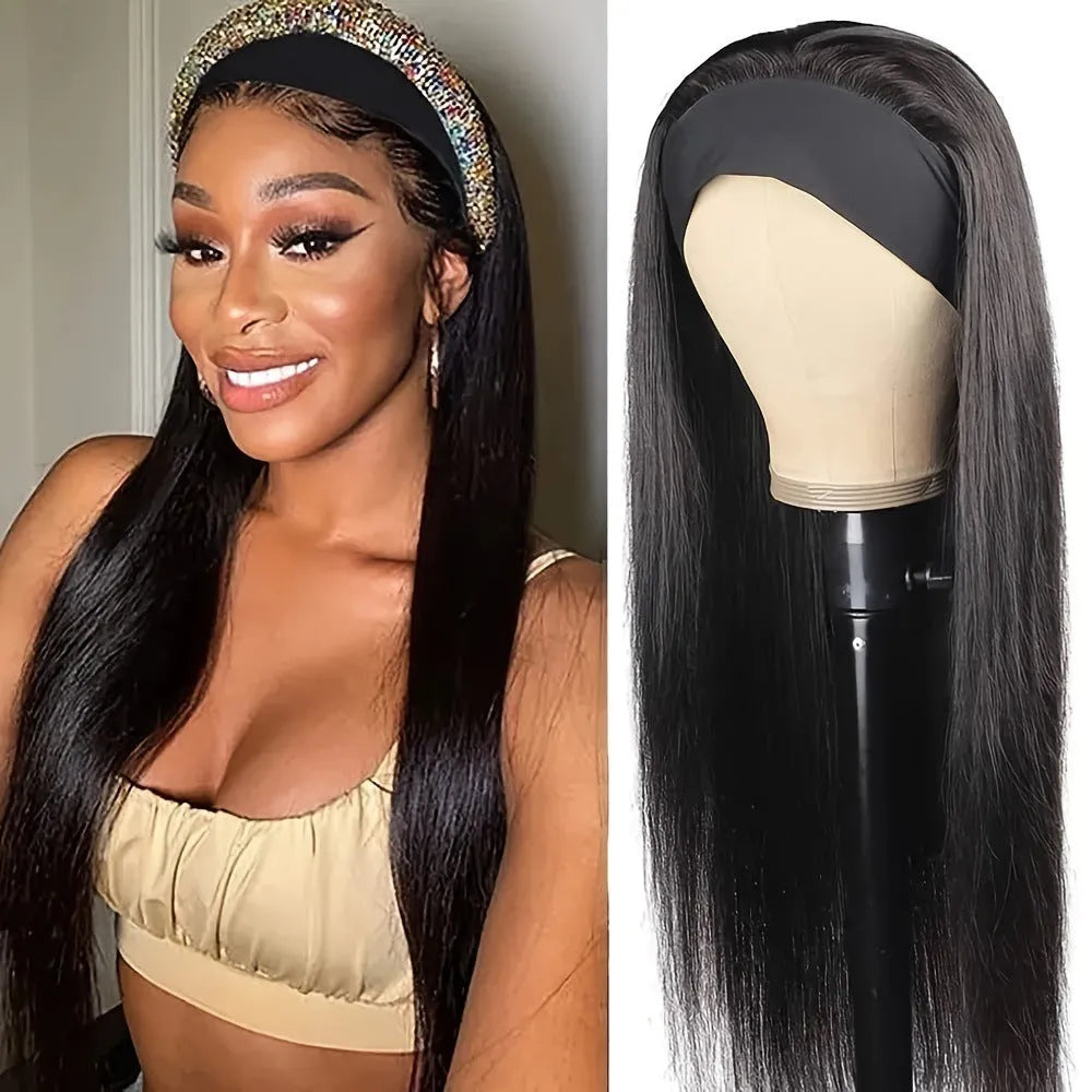 Headband wig in high temperature fibre hair showing black straight, black curly and wine red colour options