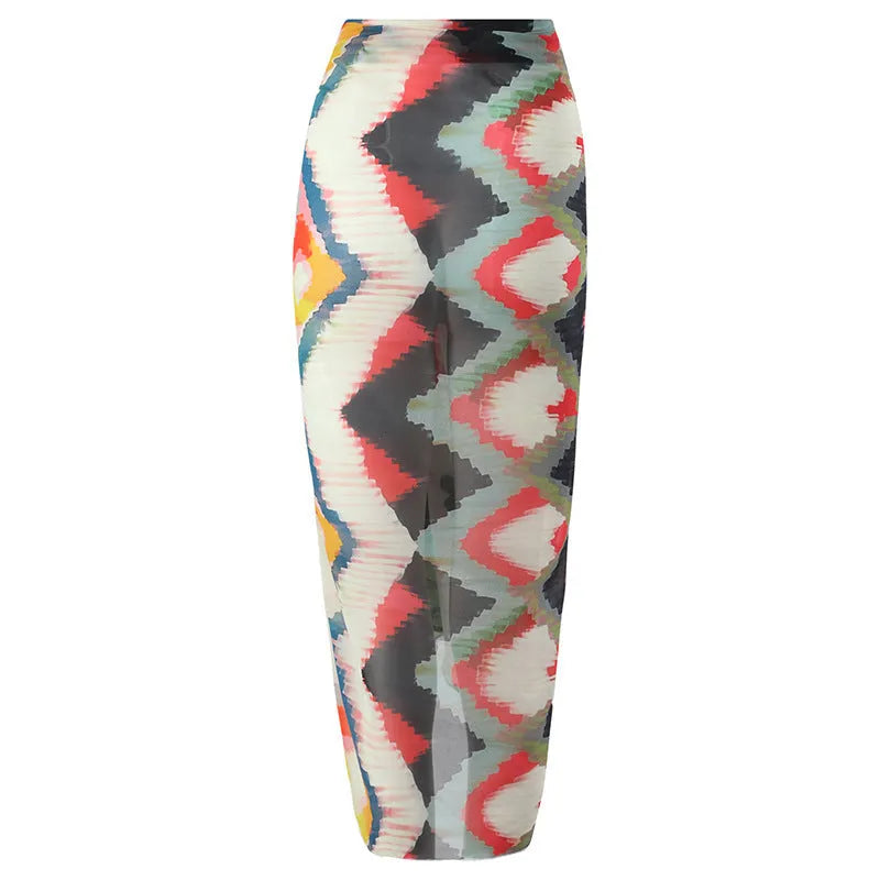 Women's two-piece swimsuit with hip skirt in printed polyester fabric