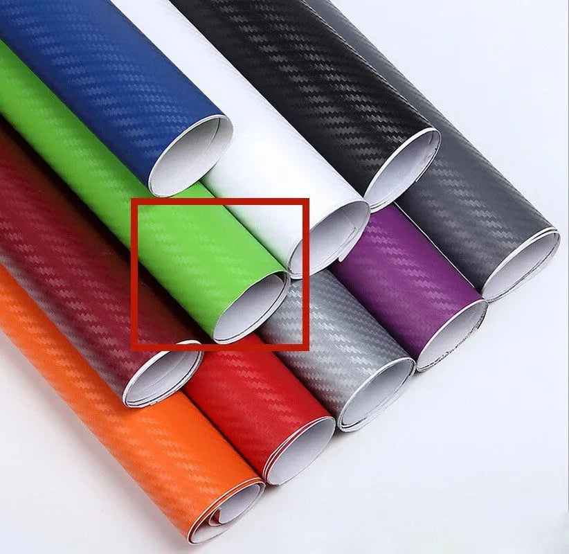 Roll of 3D carbon fibre patterned car sticker in one of eight colours, showing textured black and silver weave design