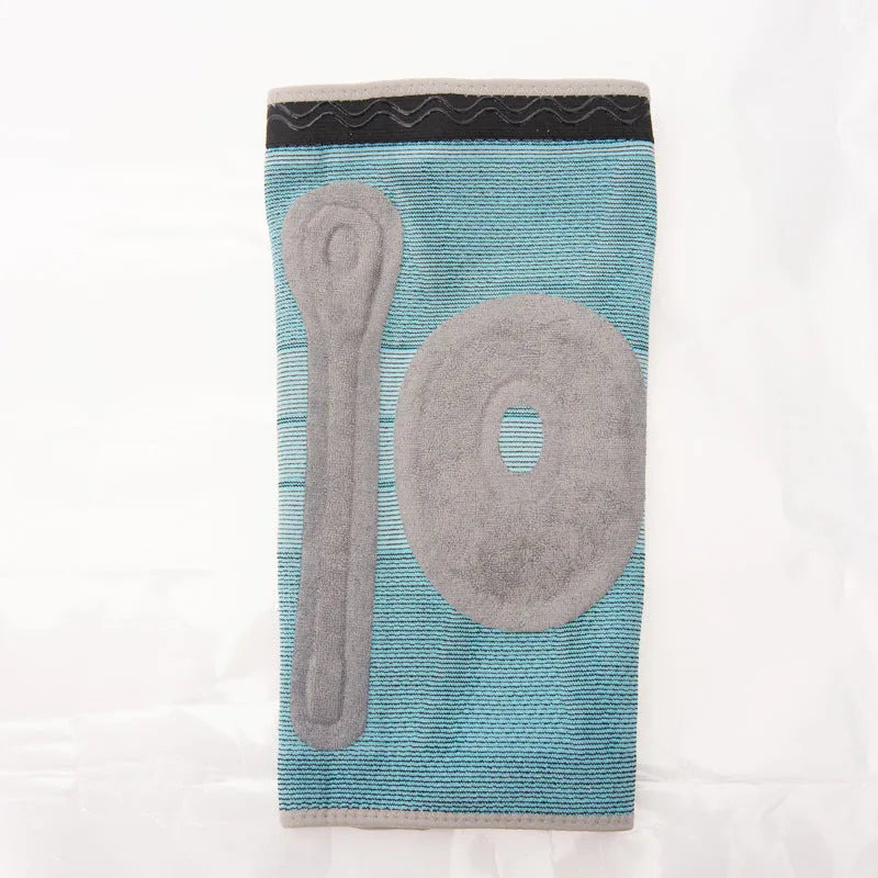 Sky blue elastic knee pads with silicone gel protection for sports.