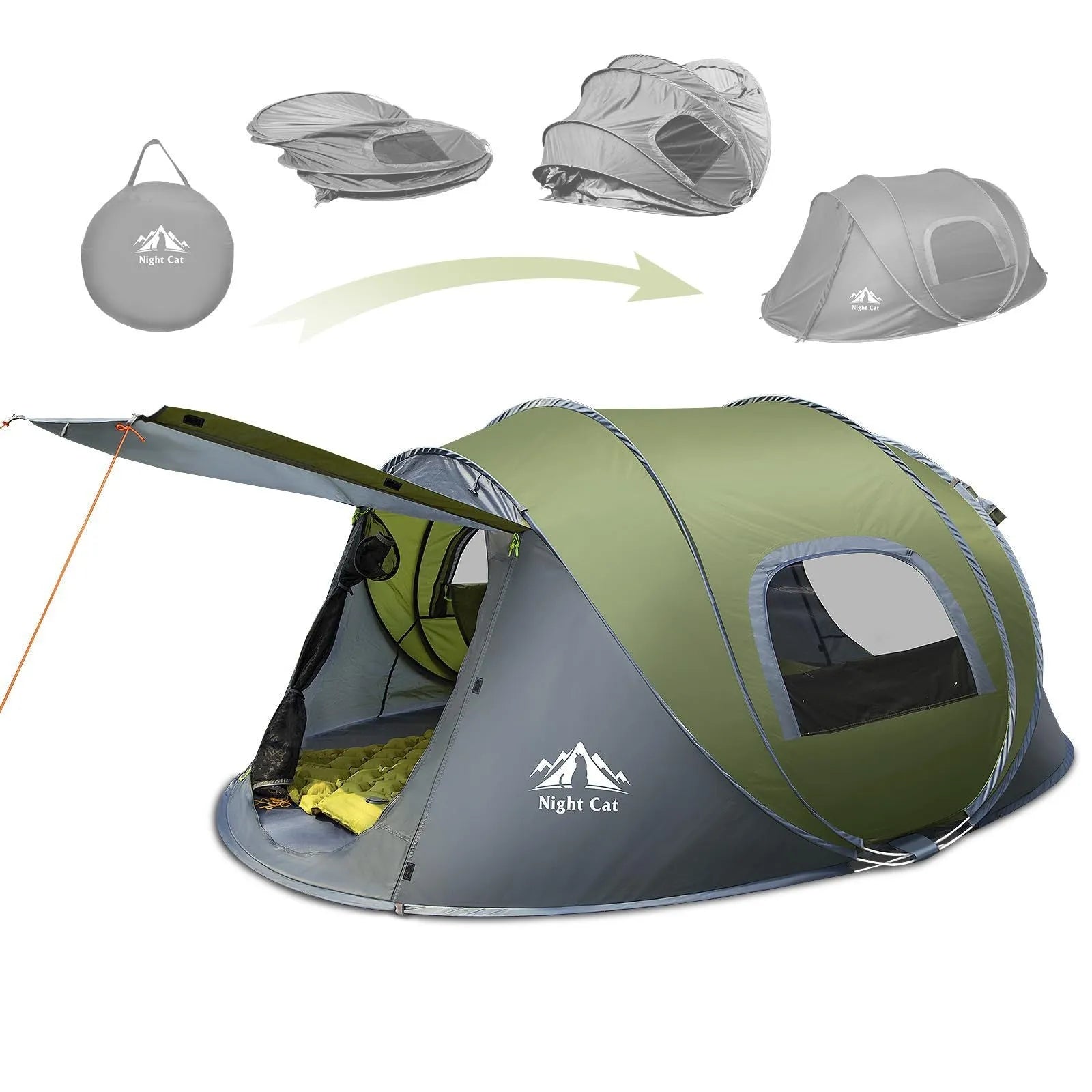 Dark green instant pop up family camping tent for two people, shown pitched.