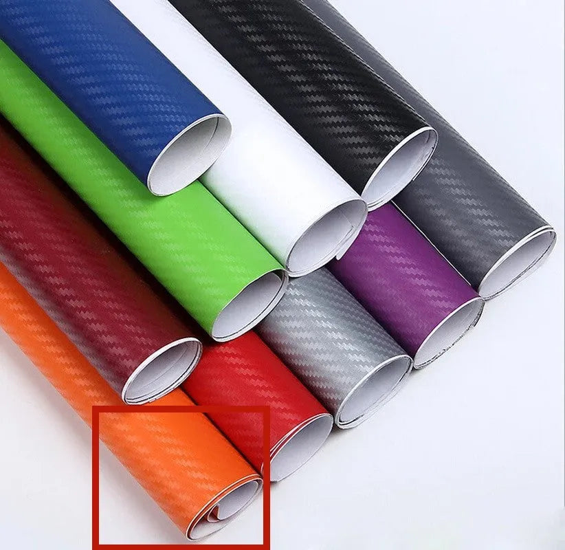 Roll of 3D carbon fibre patterned car sticker in one of eight colours, showing textured black and silver weave design