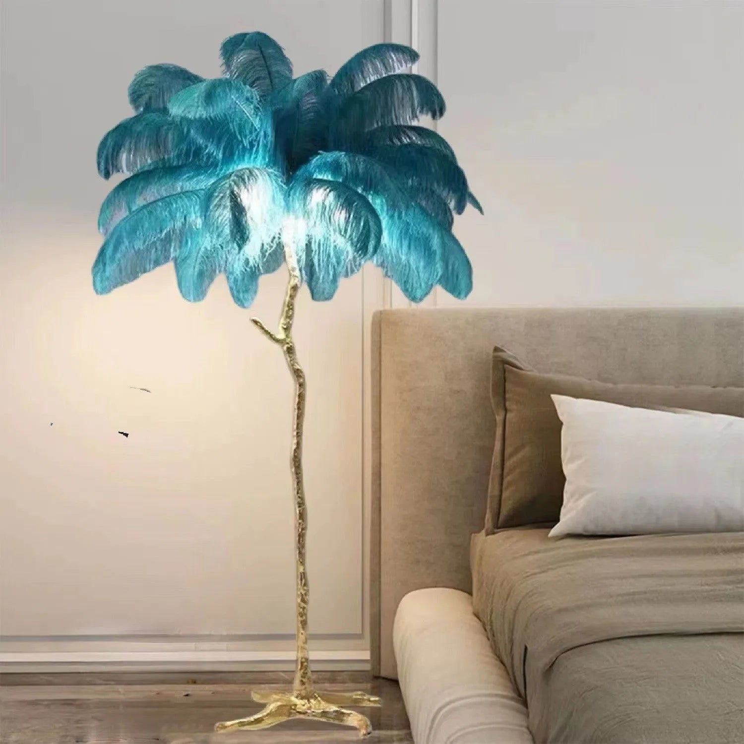 Decorative resin feather floor lamp standing 170cm tall with dark green, pink or white feather design