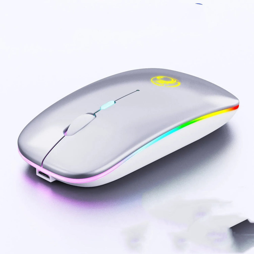 Black and white luminous wireless mouse with blue glowing scroll wheel indicating low battery