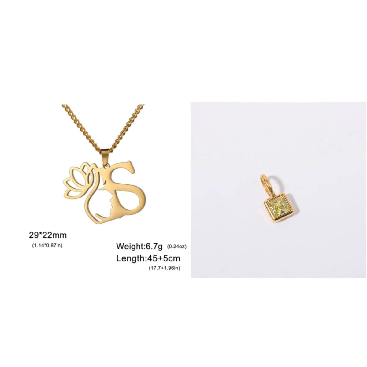 Stainless steel necklace with cross chain and a single letter pendant in gold or silver finish.