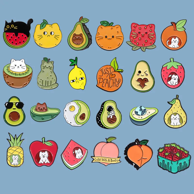 Colourful cartoon fruit design on a metal brooch pin with zinc alloy construction