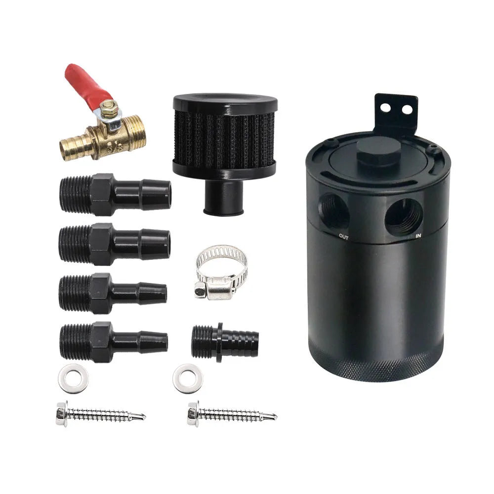 Black aluminium automotive oil pot with two-hole breathable design and connector fittings