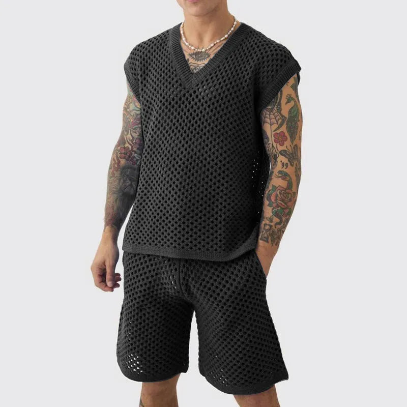 Men's blue cotton knitted sleeveless vest and matching shorts set for summer sports.