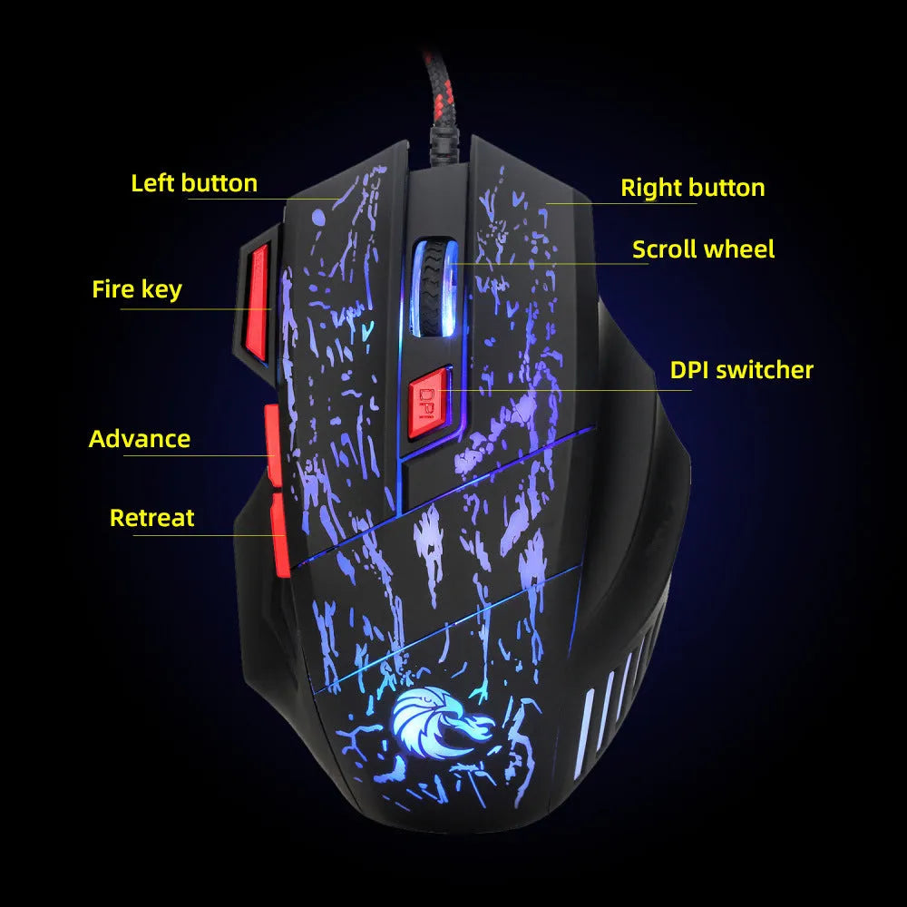 Water Crack colourful luminous wired gaming mouse with USB cable on desktop