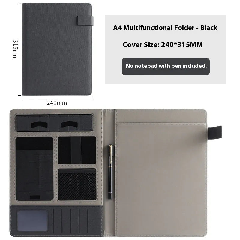 A4 leather business folder in black colour showing document storage and pen holder